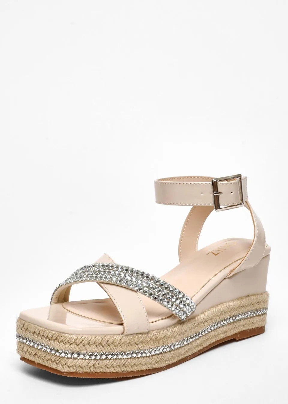 Natural Faux Leather Diamante Woven Wedges by Quiz