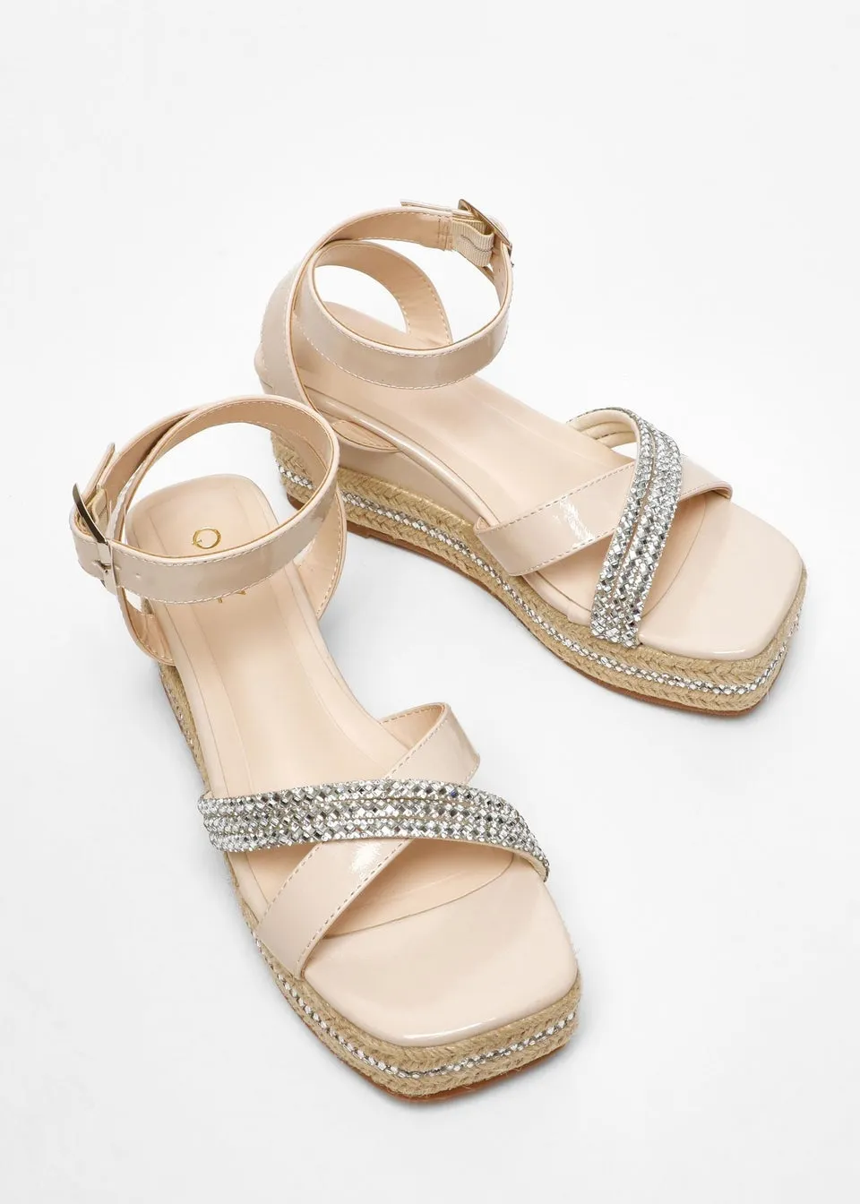 Natural Faux Leather Diamante Woven Wedges by Quiz