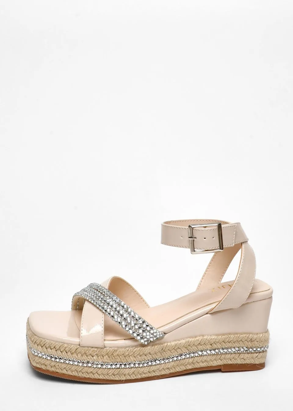 Natural Faux Leather Diamante Woven Wedges by Quiz