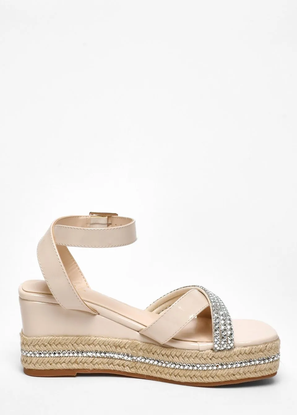 Natural Faux Leather Diamante Woven Wedges by Quiz