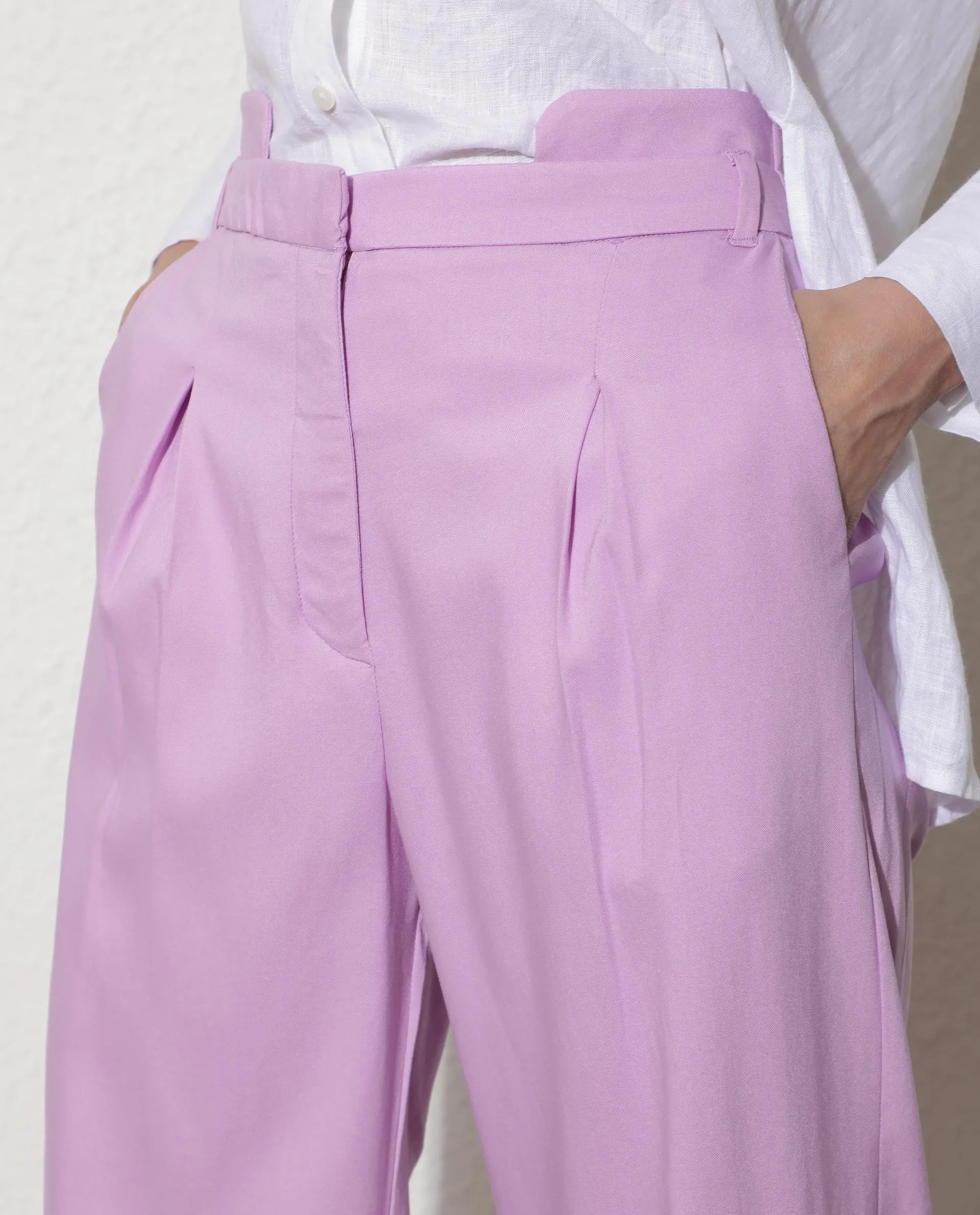 Rareism Women Evanova Pastel Purple Viscose Fabric Tailored Fit High Rise Solid Ankle Length Trousers