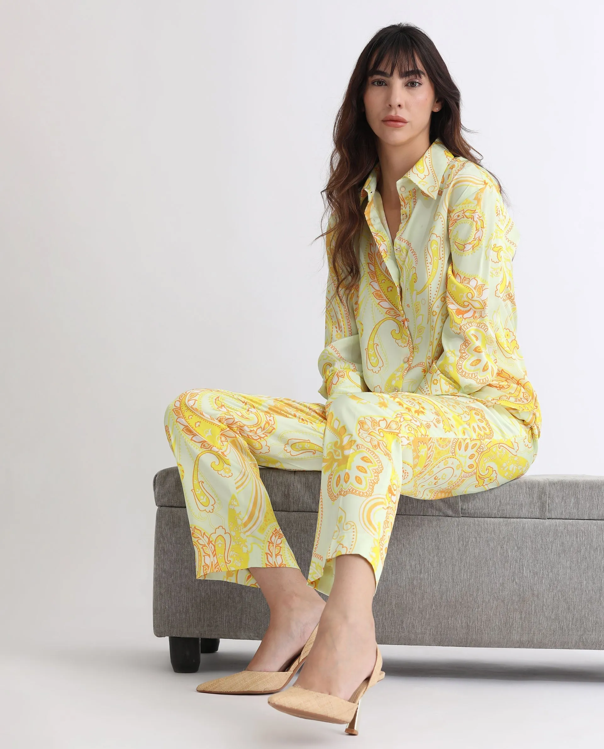 Rareism Women Lenzet Yellow Polyester Fabric Relaxed Fit Paisley Print Ankle Length Trousers