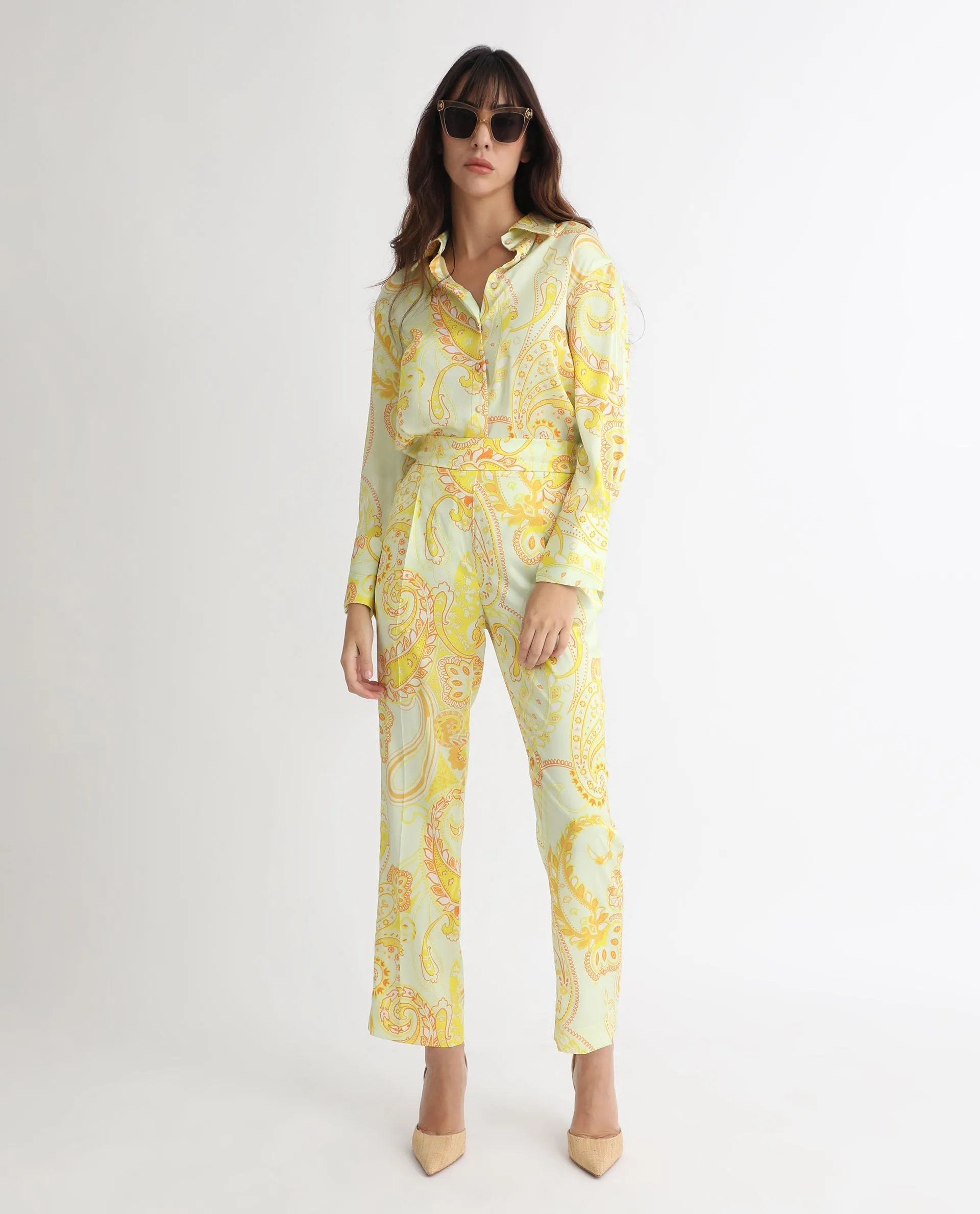 Rareism Women Lenzet Yellow Polyester Fabric Relaxed Fit Paisley Print Ankle Length Trousers