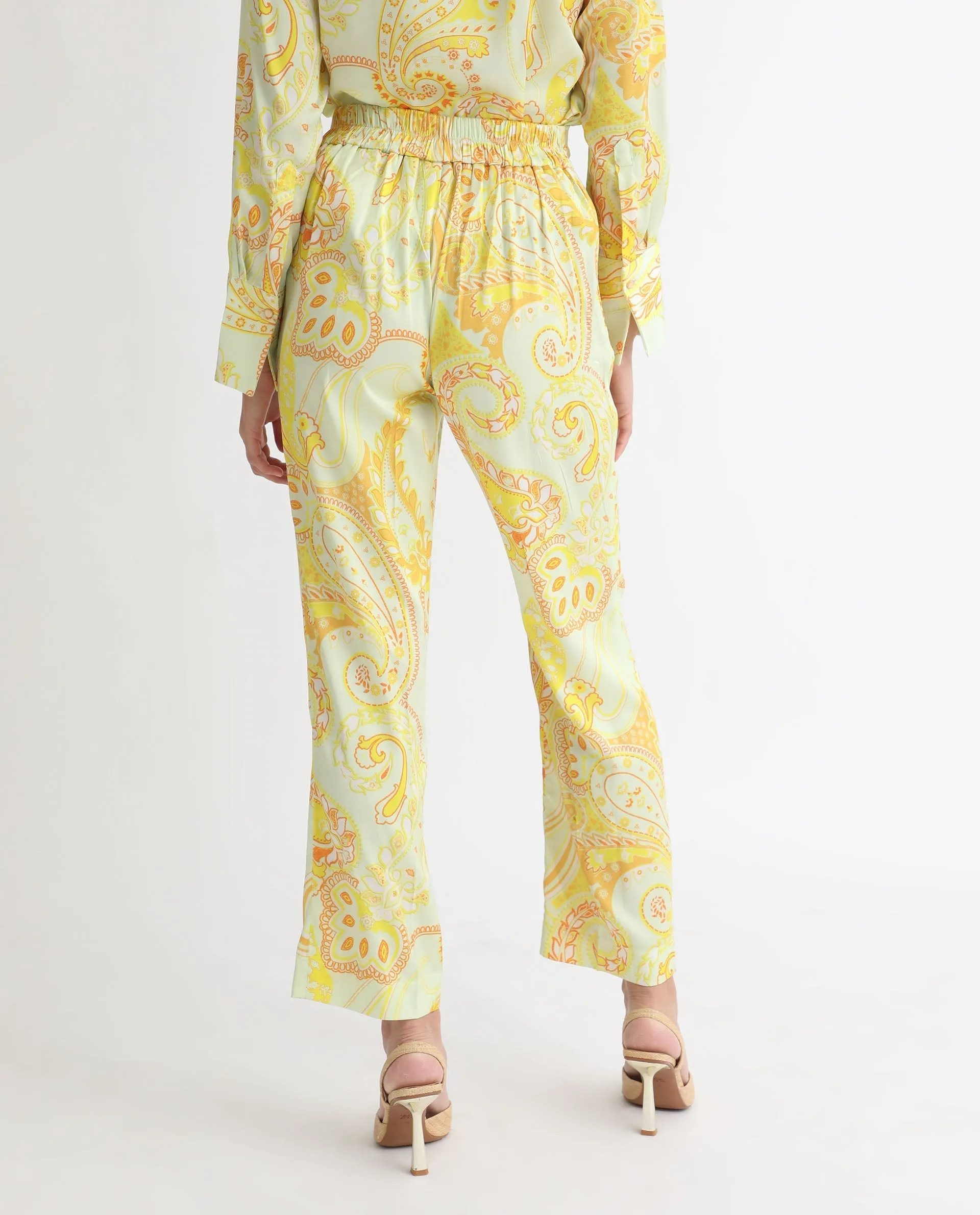 Rareism Women Lenzet Yellow Polyester Fabric Relaxed Fit Paisley Print Ankle Length Trousers