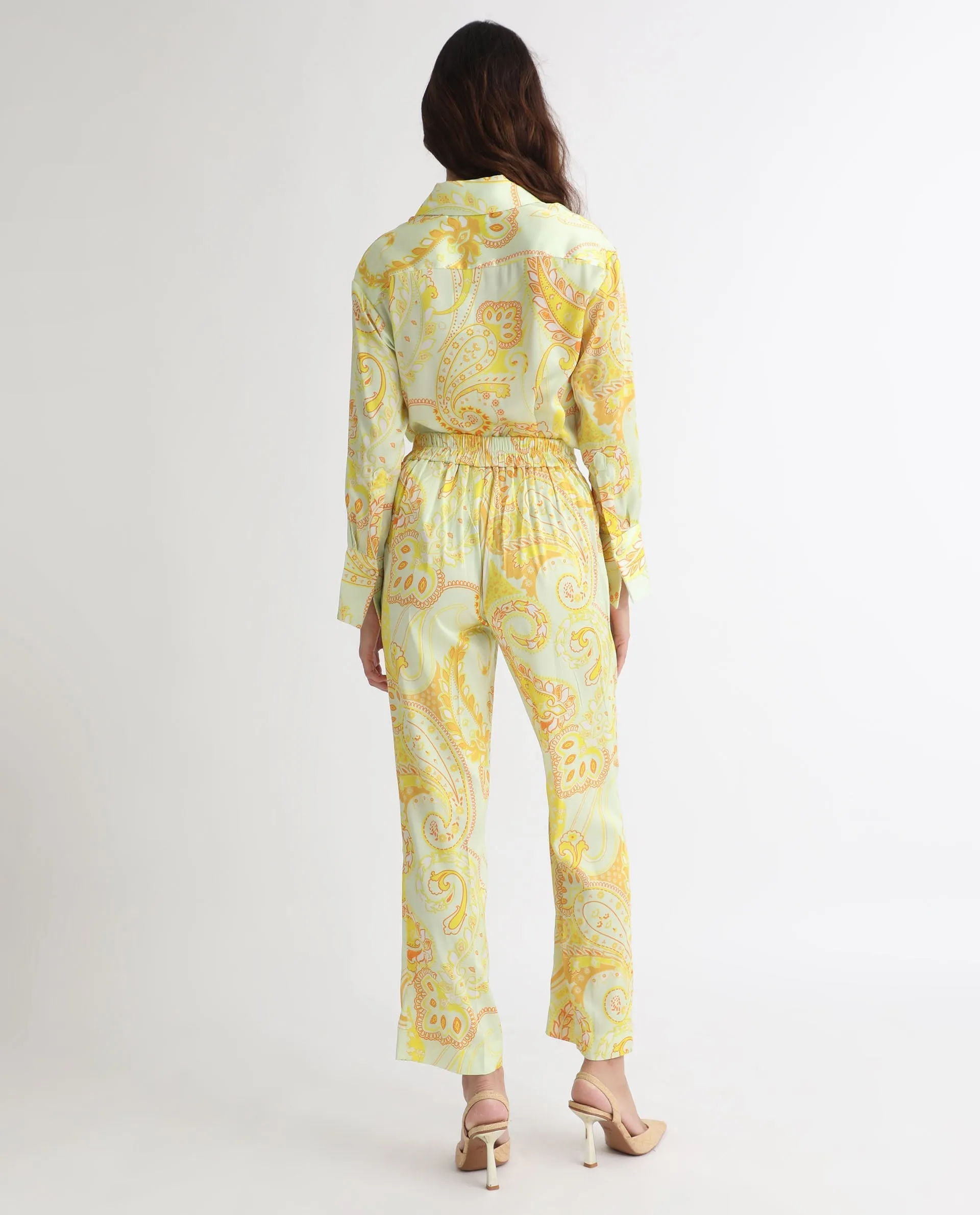 Rareism Women Lenzet Yellow Polyester Fabric Relaxed Fit Paisley Print Ankle Length Trousers