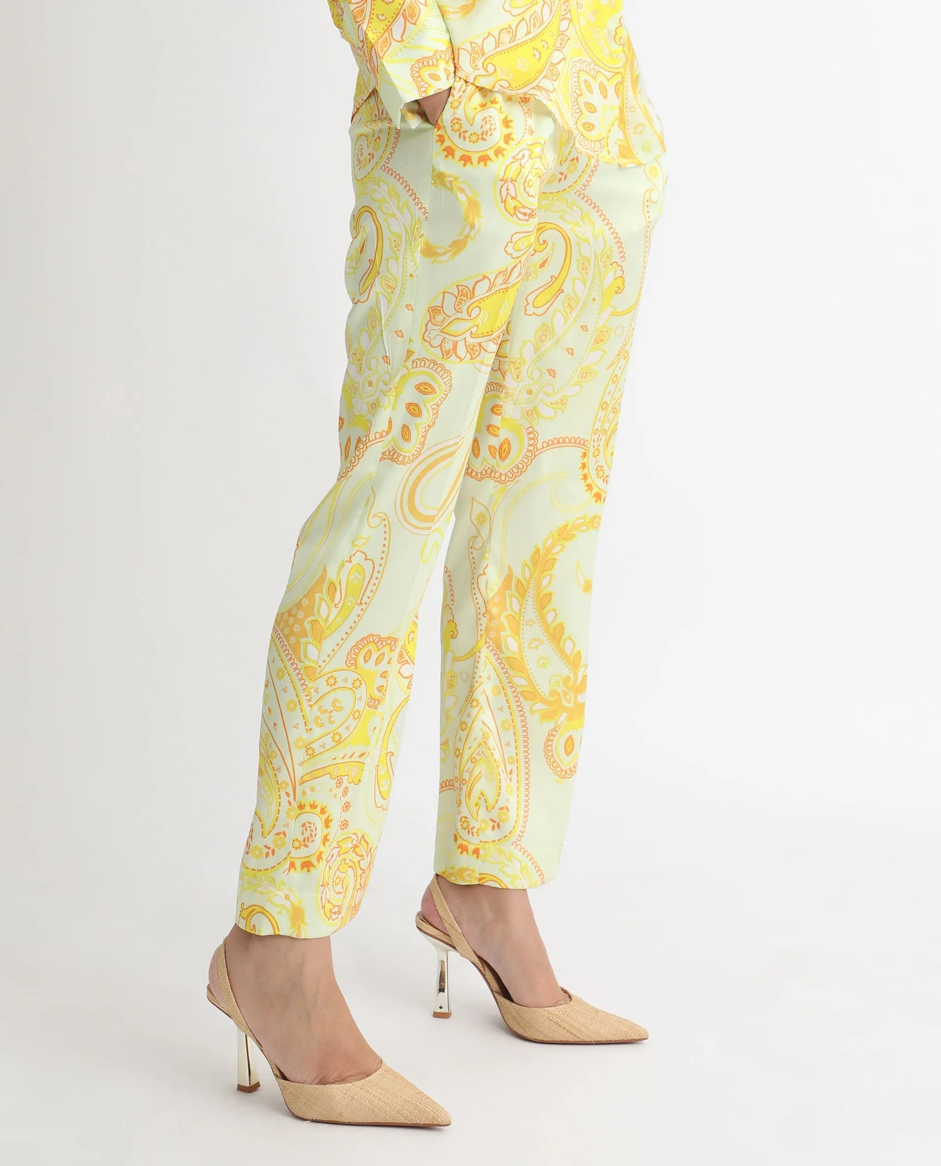 Rareism Women Lenzet Yellow Polyester Fabric Relaxed Fit Paisley Print Ankle Length Trousers