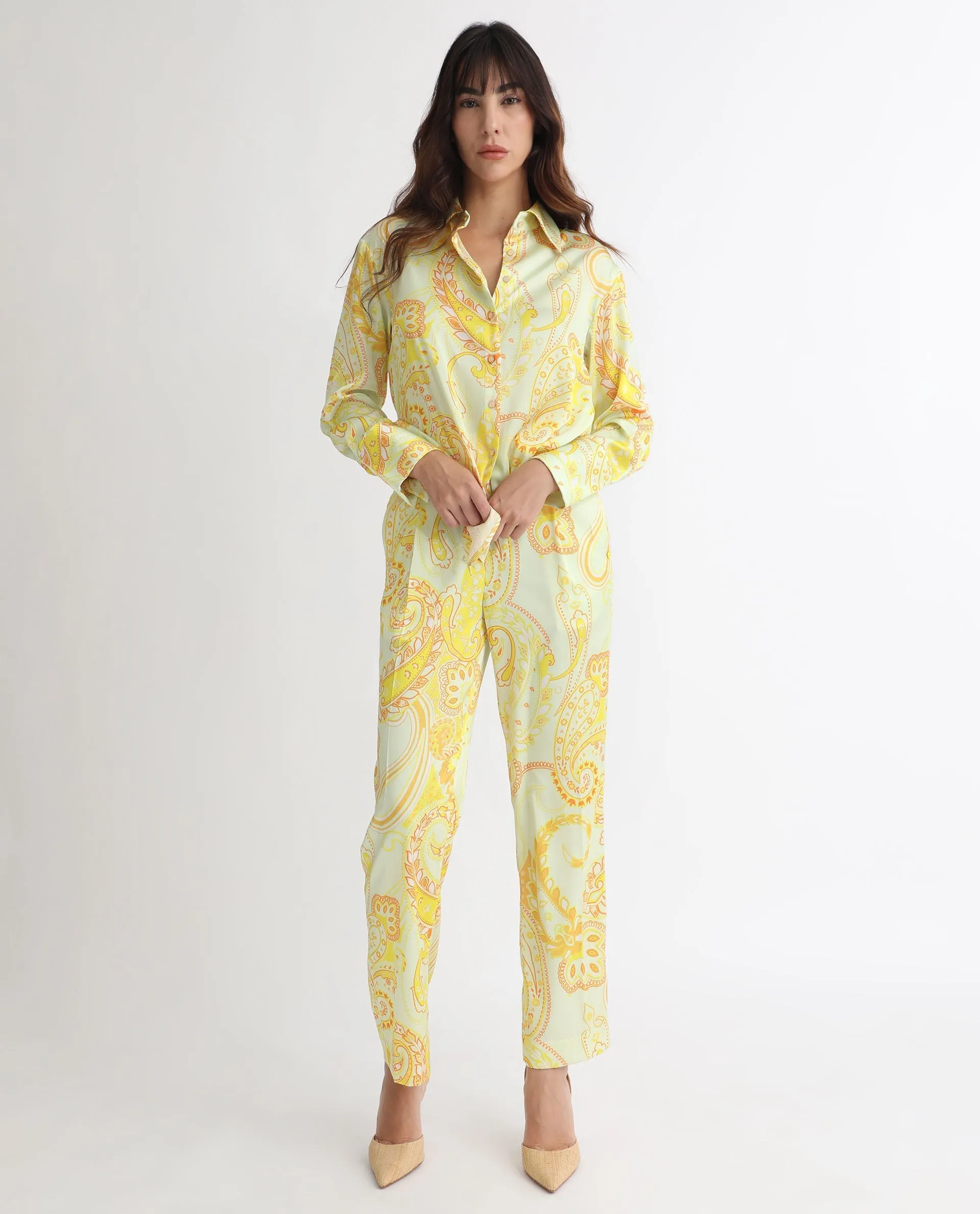 Rareism Women Lenzet Yellow Polyester Fabric Relaxed Fit Paisley Print Ankle Length Trousers