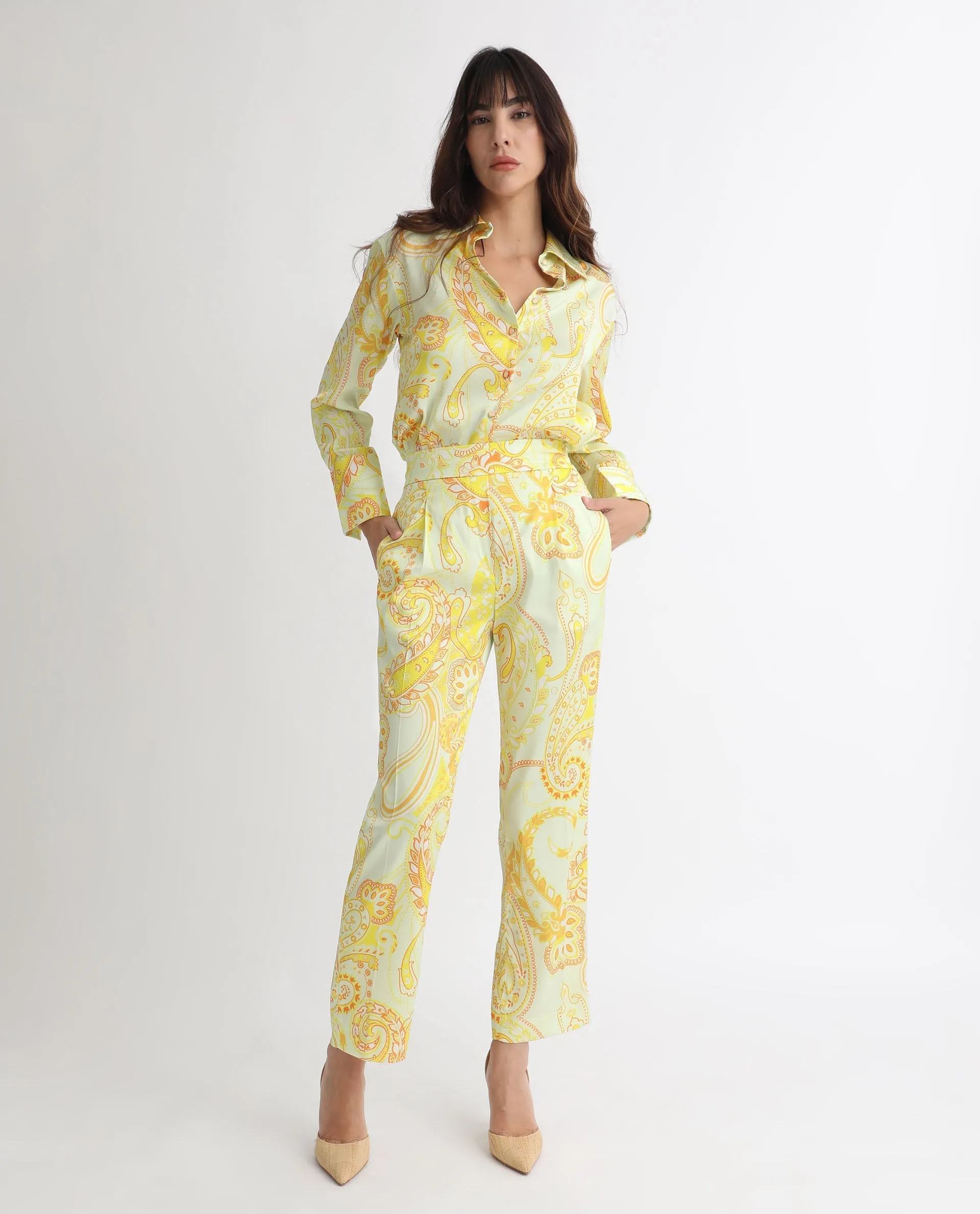 Rareism Women Lenzet Yellow Polyester Fabric Relaxed Fit Paisley Print Ankle Length Trousers