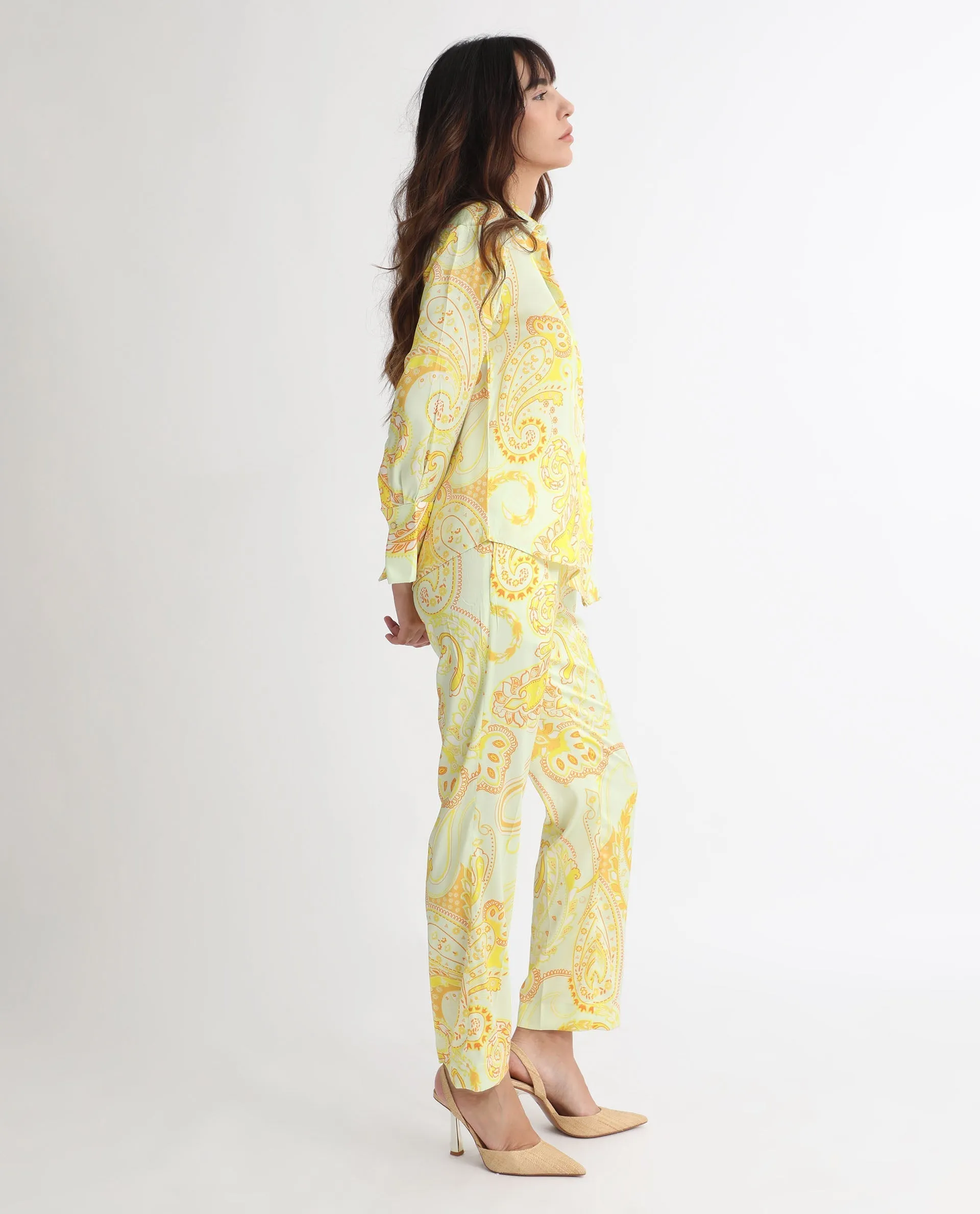 Rareism Women Lenzet Yellow Polyester Fabric Relaxed Fit Paisley Print Ankle Length Trousers