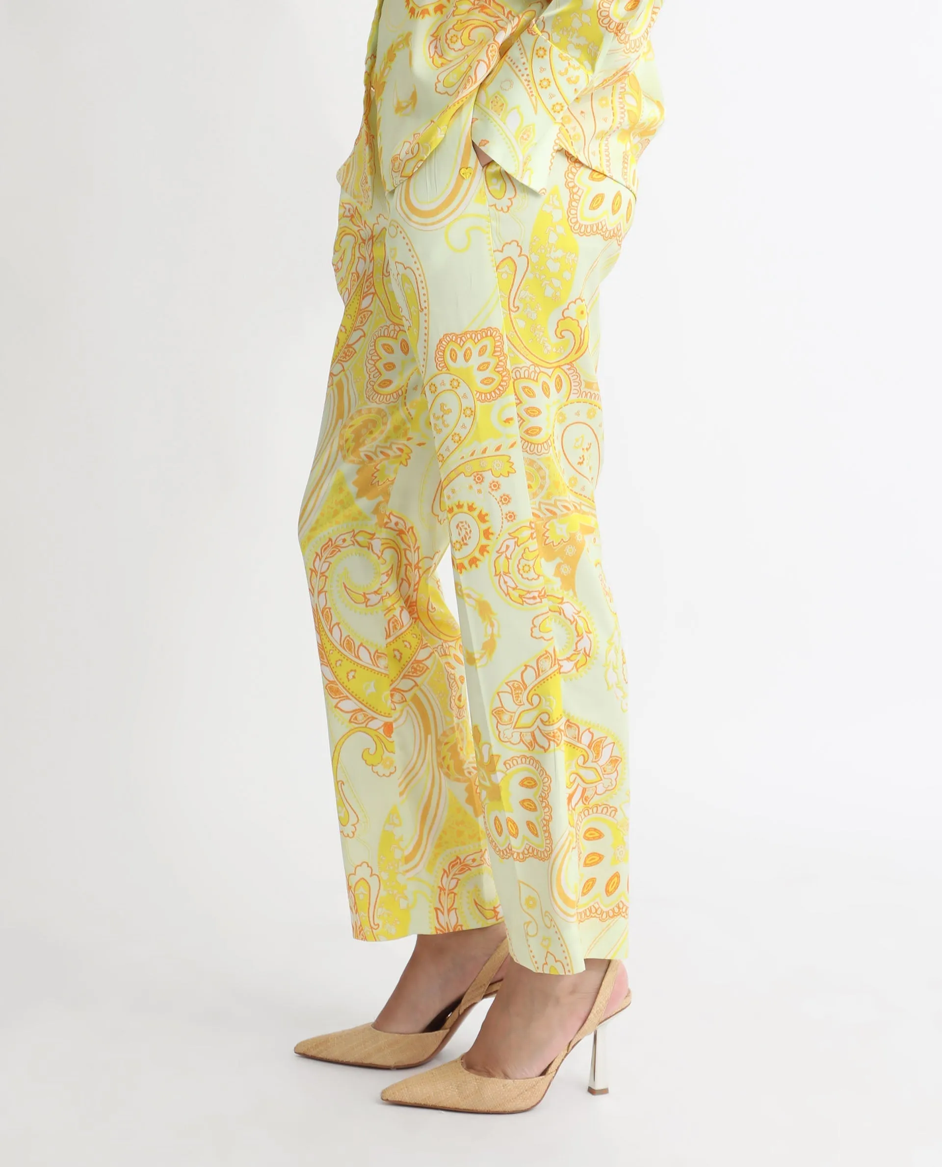 Rareism Women Lenzet Yellow Polyester Fabric Relaxed Fit Paisley Print Ankle Length Trousers