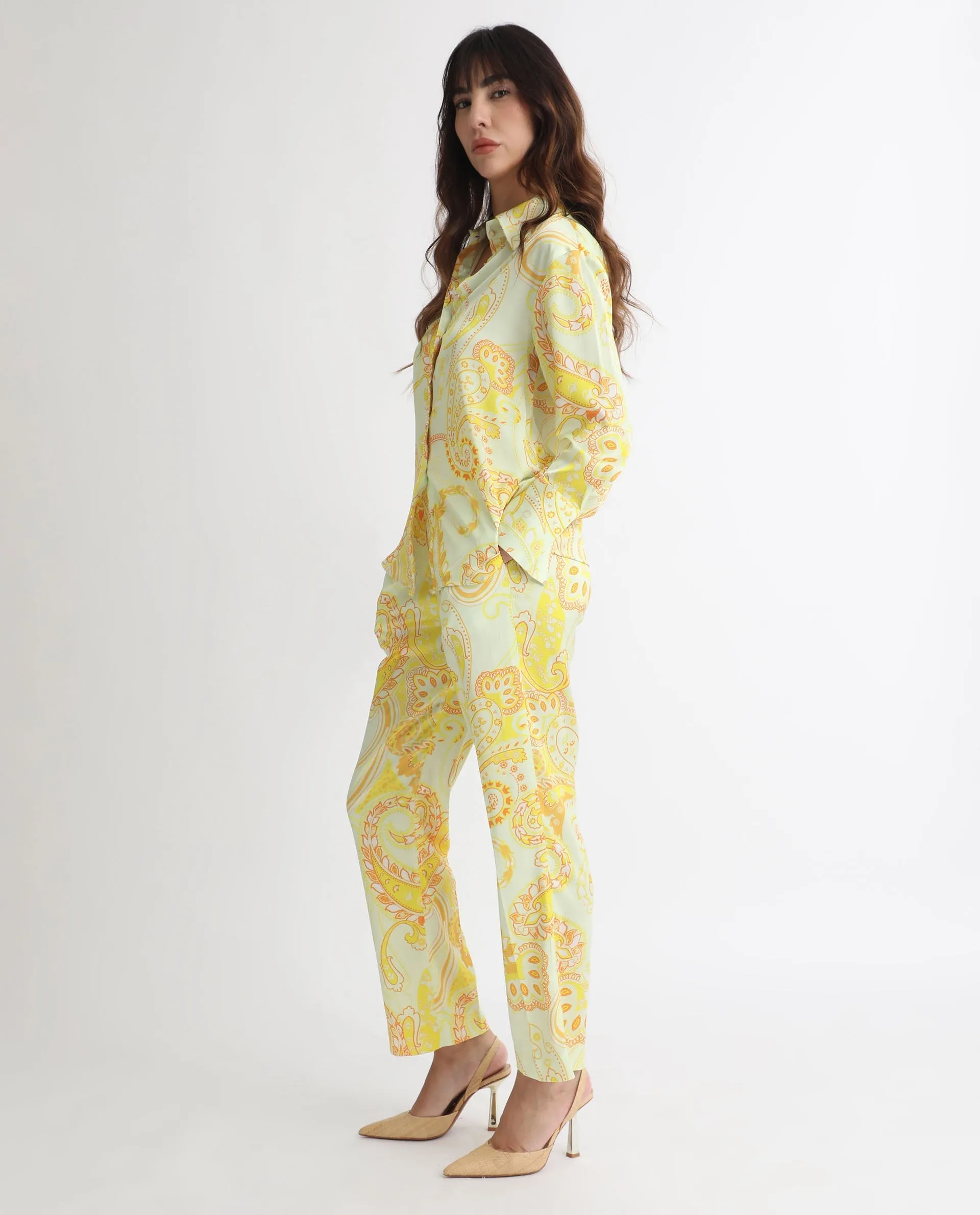 Rareism Women Lenzet Yellow Polyester Fabric Relaxed Fit Paisley Print Ankle Length Trousers