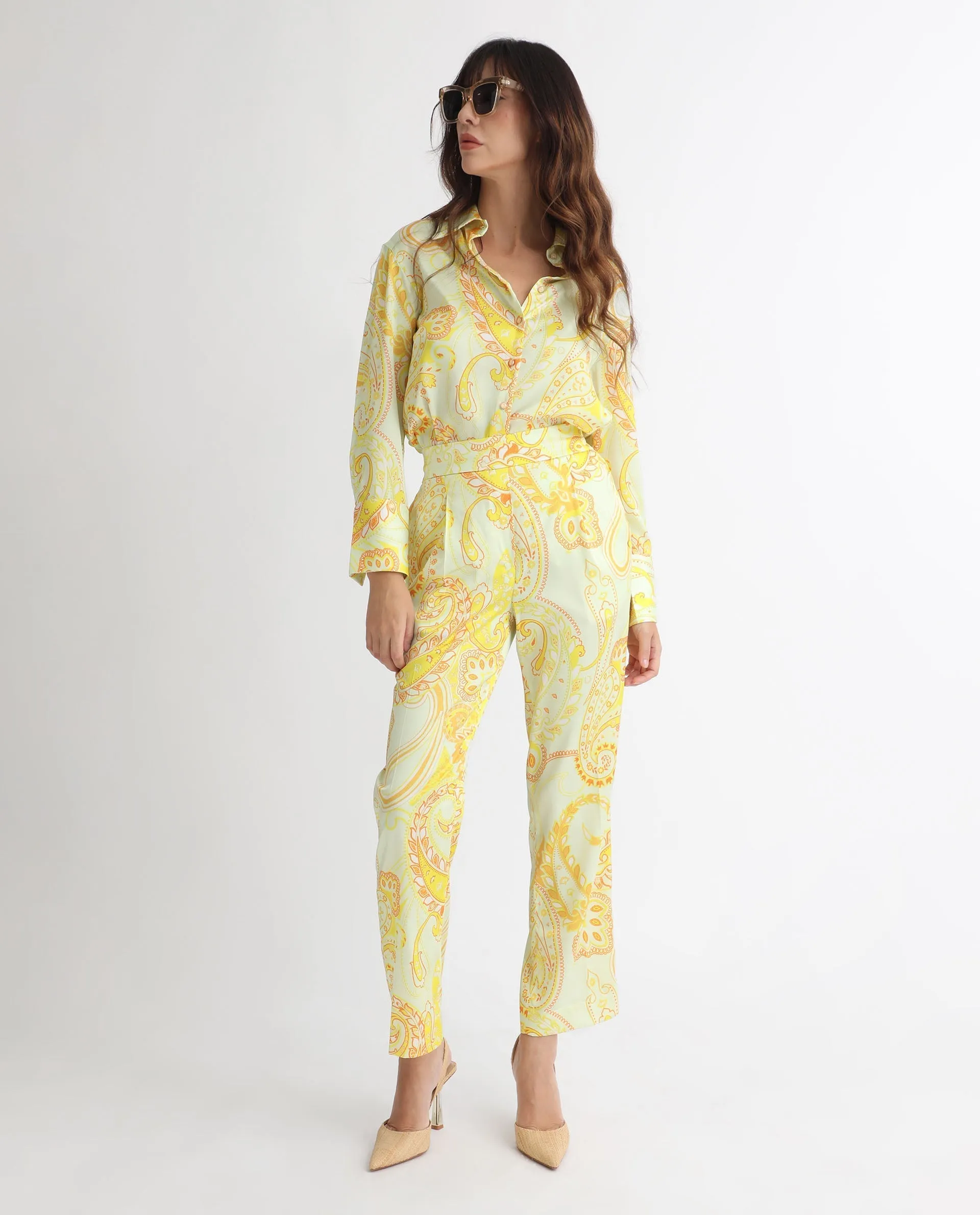 Rareism Women Lenzet Yellow Polyester Fabric Relaxed Fit Paisley Print Ankle Length Trousers