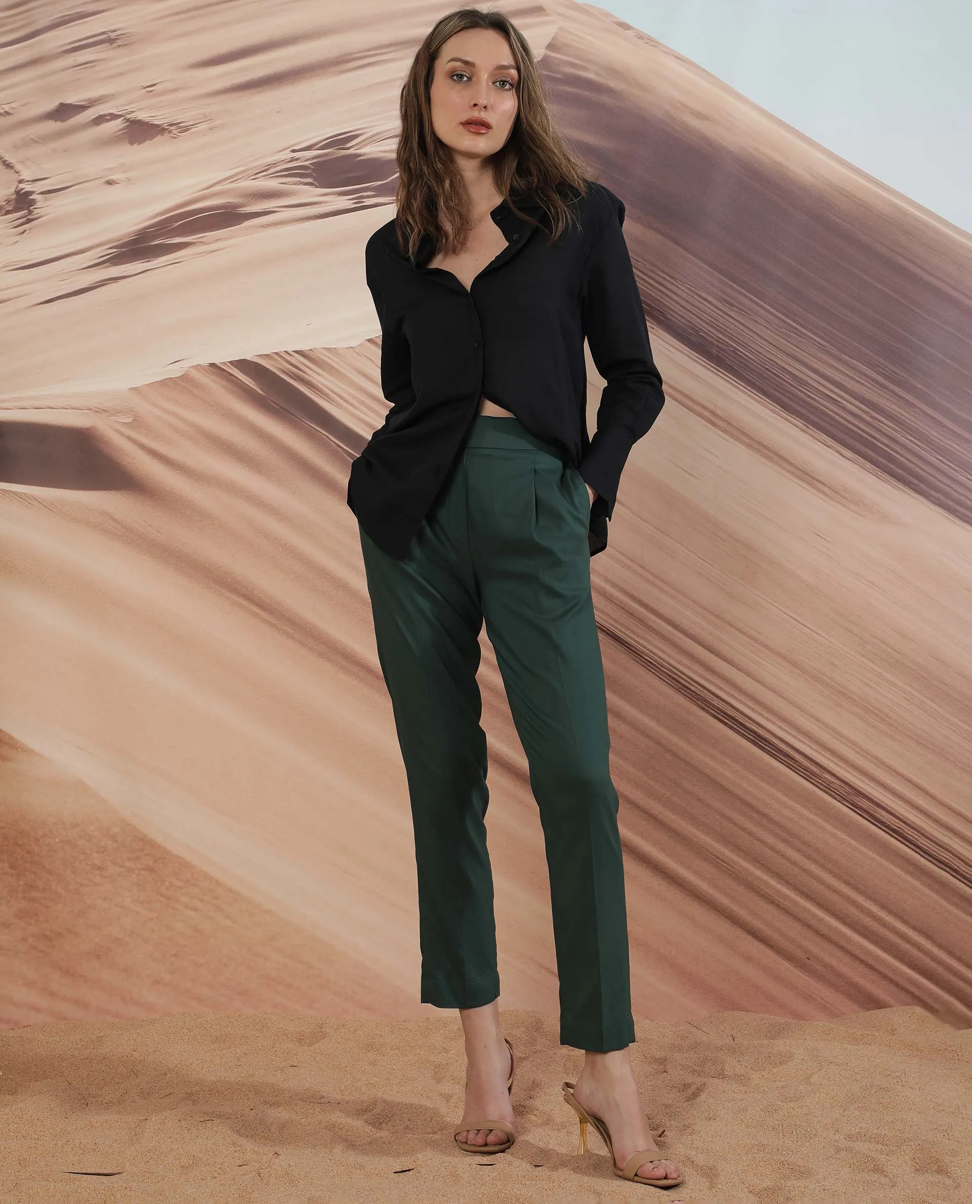 Rareism Women Rosalia Dark Green Poly Viscose Fabric Relaxed Fit Mid Rise Solid Ankle Length Trousers