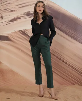 Rareism Women Rosalia Dark Green Poly Viscose Fabric Relaxed Fit Mid Rise Solid Ankle Length Trousers