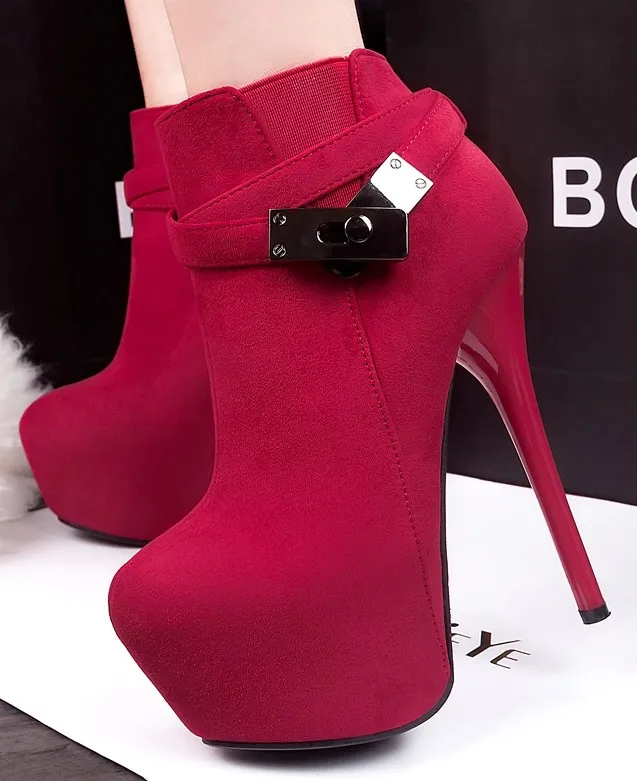 Red Stiletto Platform Boots with Metal Buckle Straps