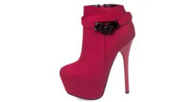 Red Stiletto Platform Boots with Metal Buckle Straps