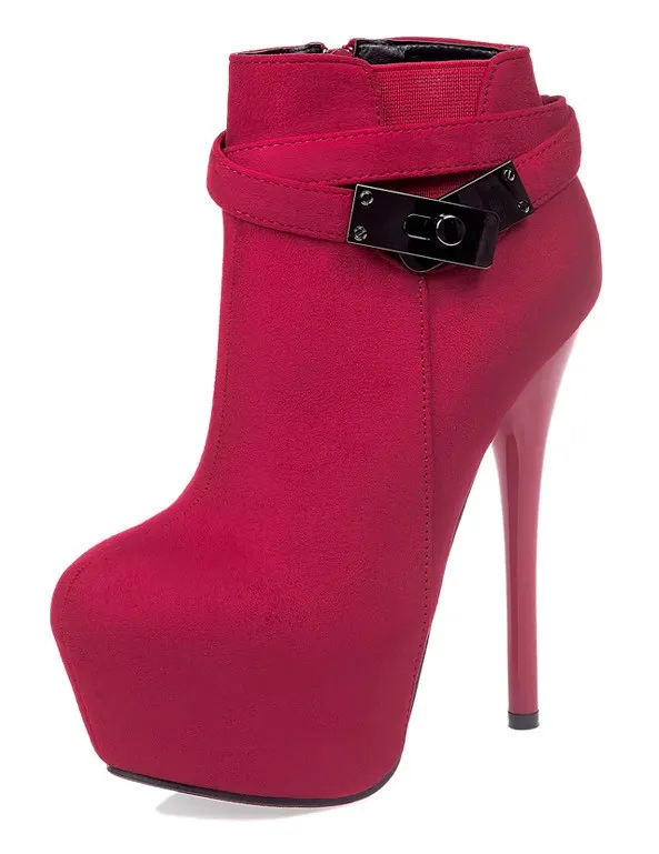 Red Stiletto Platform Boots with Metal Buckle Straps