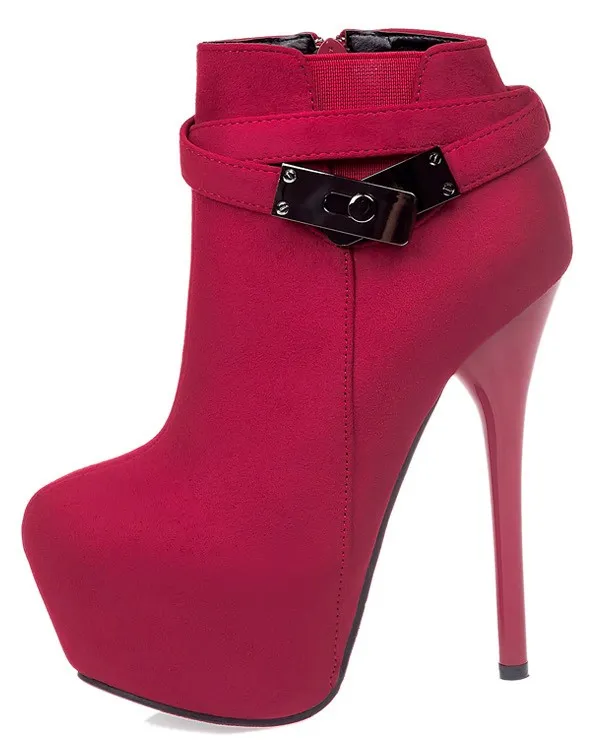 Red Stiletto Platform Boots with Metal Buckle Straps