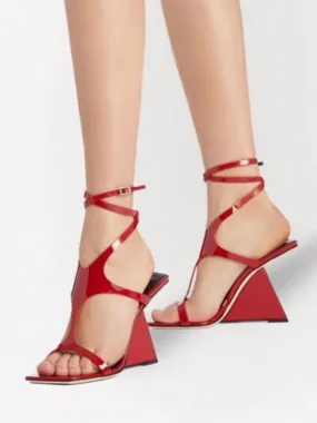 Red Women's Open Toe Patent Strappy Wedge Sandals