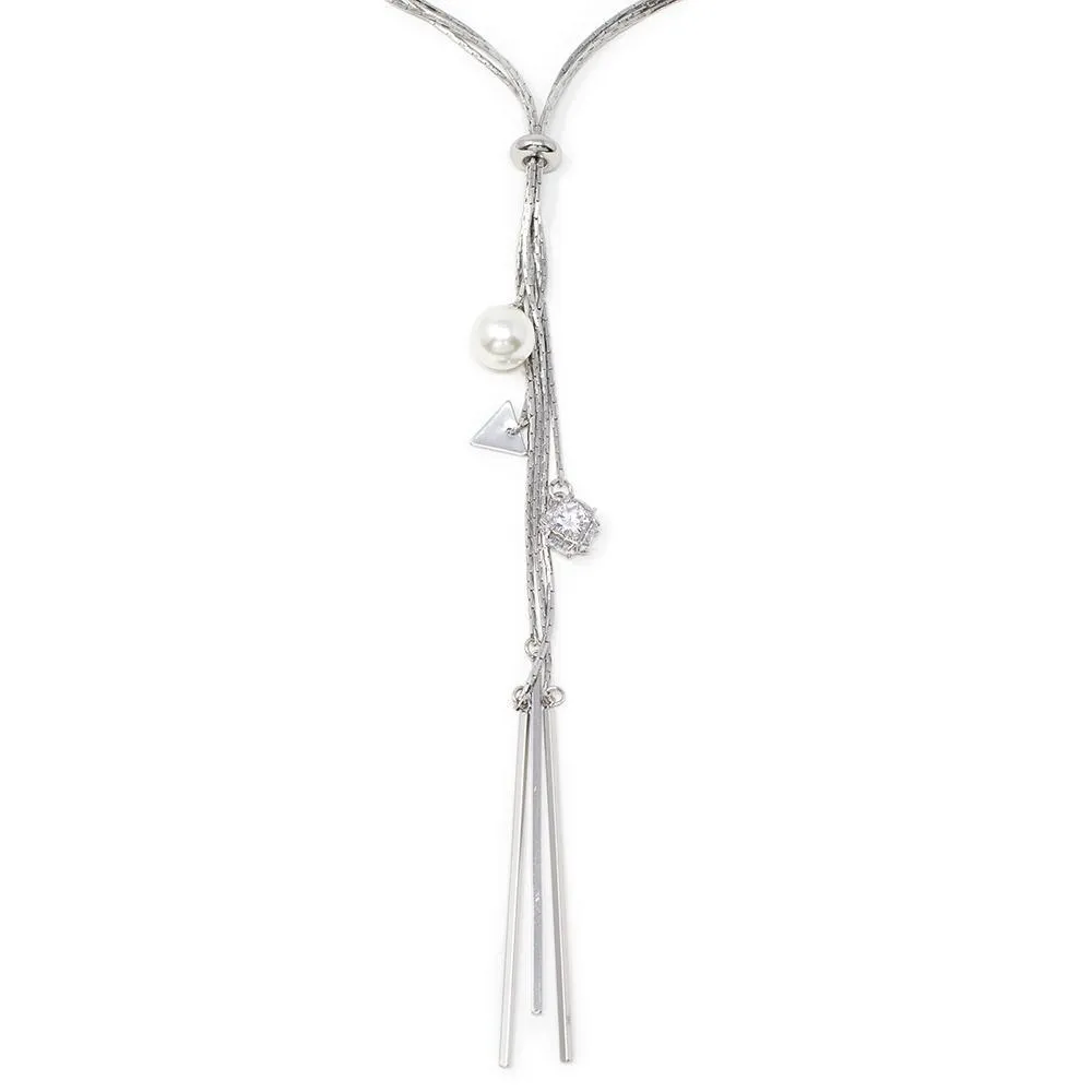 Rhodium Plated Pearl and Crystal Ball Lariat Necklace