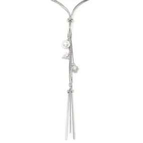 Rhodium Plated Pearl and Crystal Ball Lariat Necklace