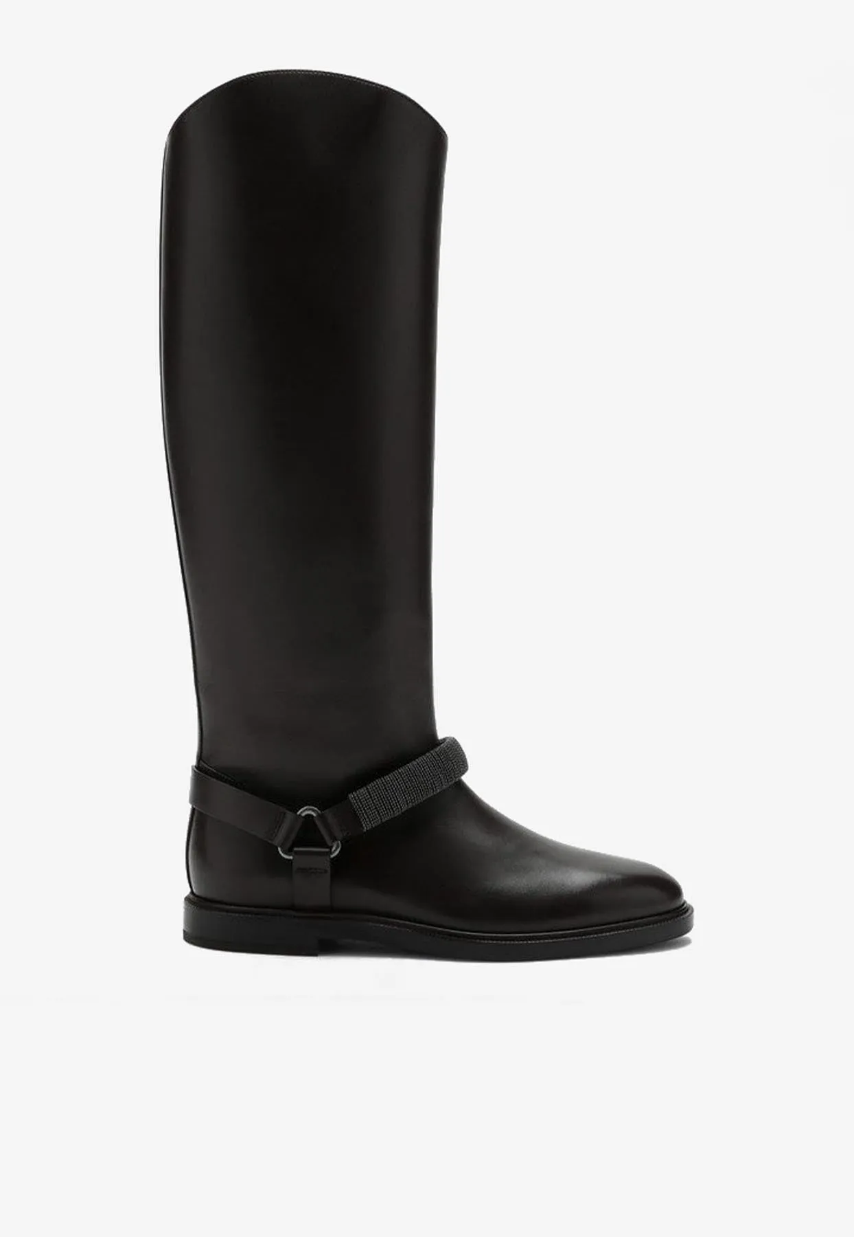 Ribbed Strap Knee-High Leather Boots