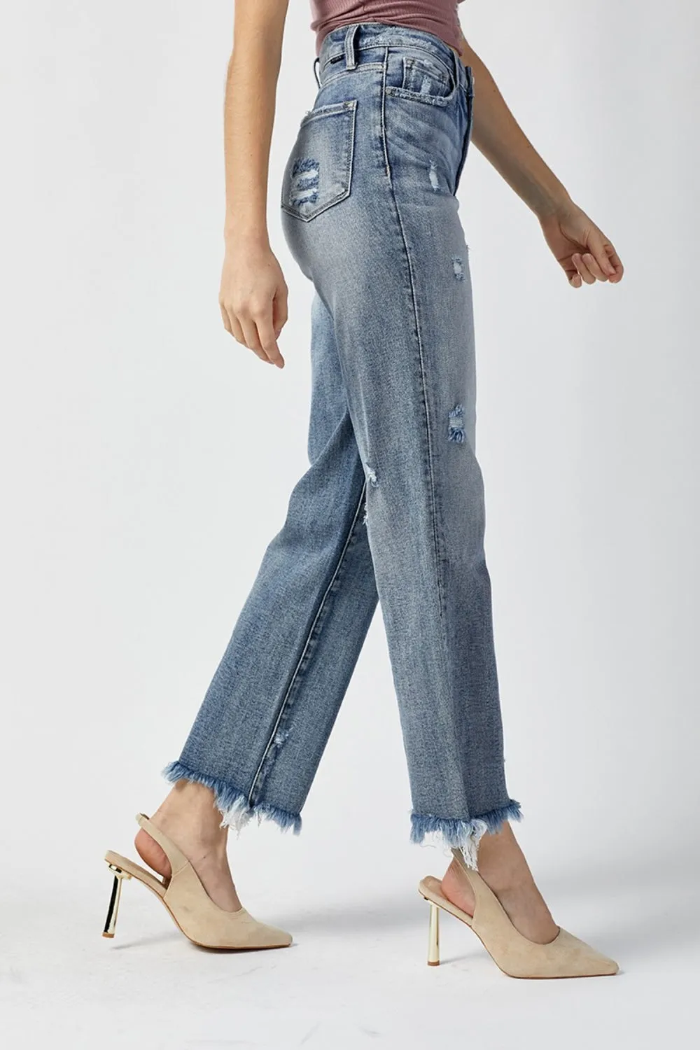 RISEN High Waist Raw Hem Straight Jeans: High-Waisted Denim with Raw Hem