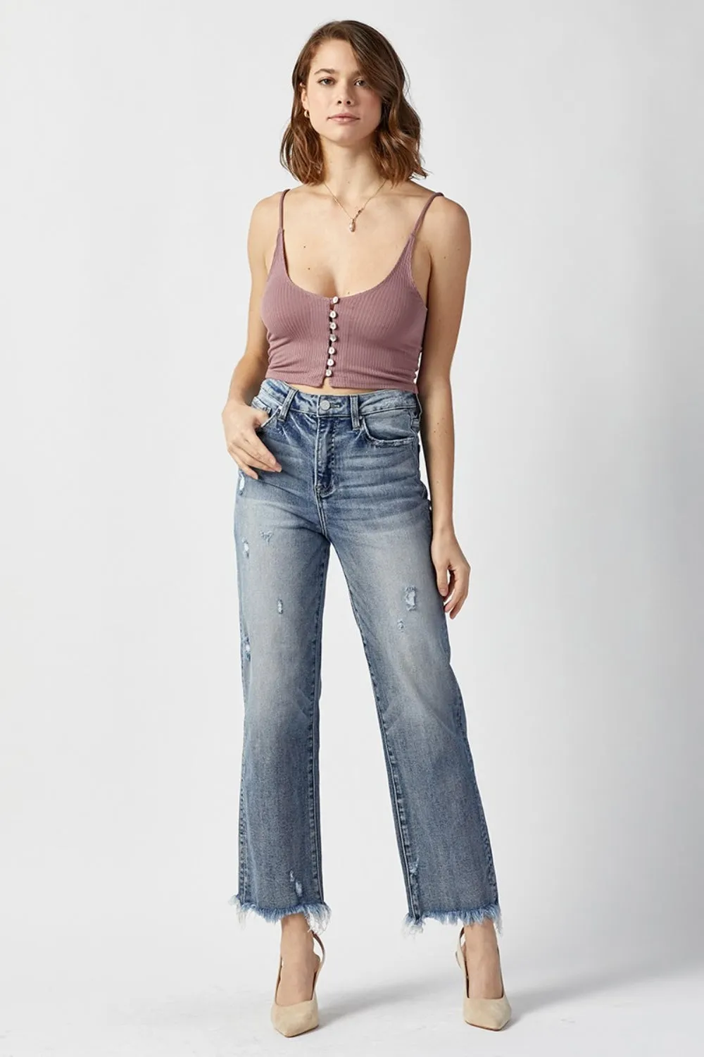 RISEN High Waist Raw Hem Straight Jeans: High-Waisted Denim with Raw Hem