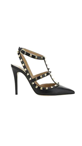 Rockstud Grainy Leather Caged Pumps - Black