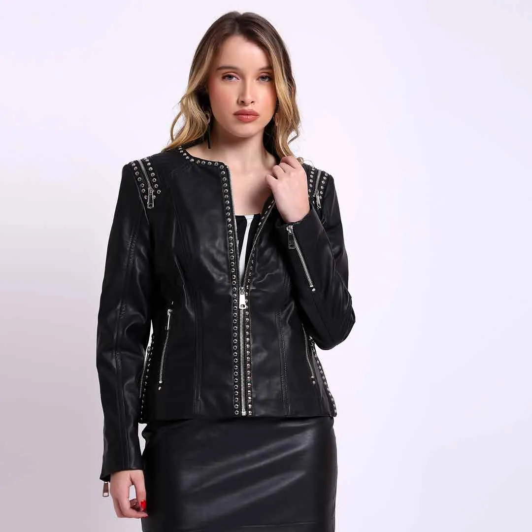 Saint Bethany Studded Black Leather Womens Jacket