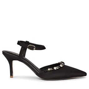 Saint Leila Multi Stone Embellished Black Nylon Fabric Pumps