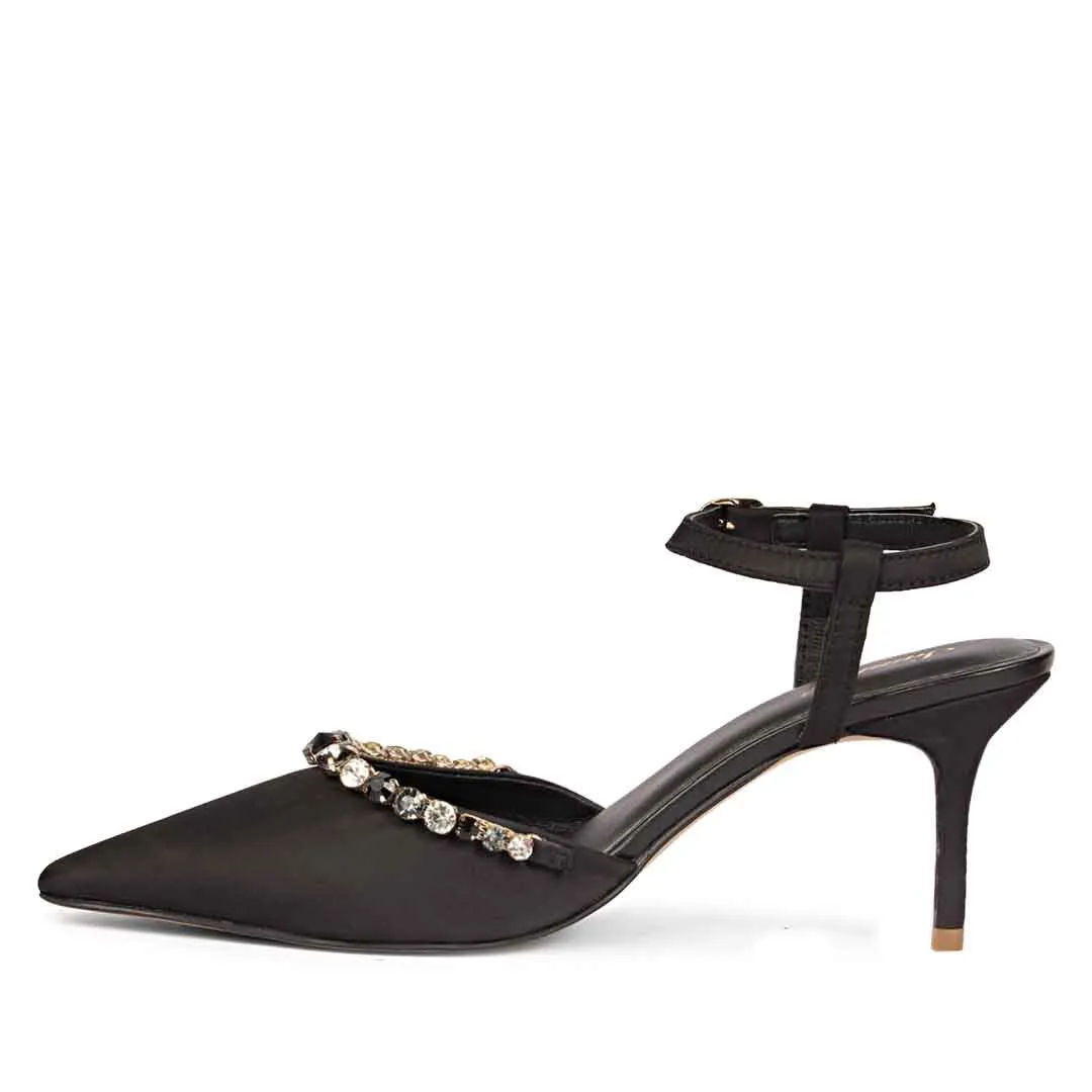 Saint Leila Multi Stone Embellished Black Nylon Fabric Pumps