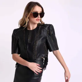 Saint Metal Studded Fringed Leather Short Jacket