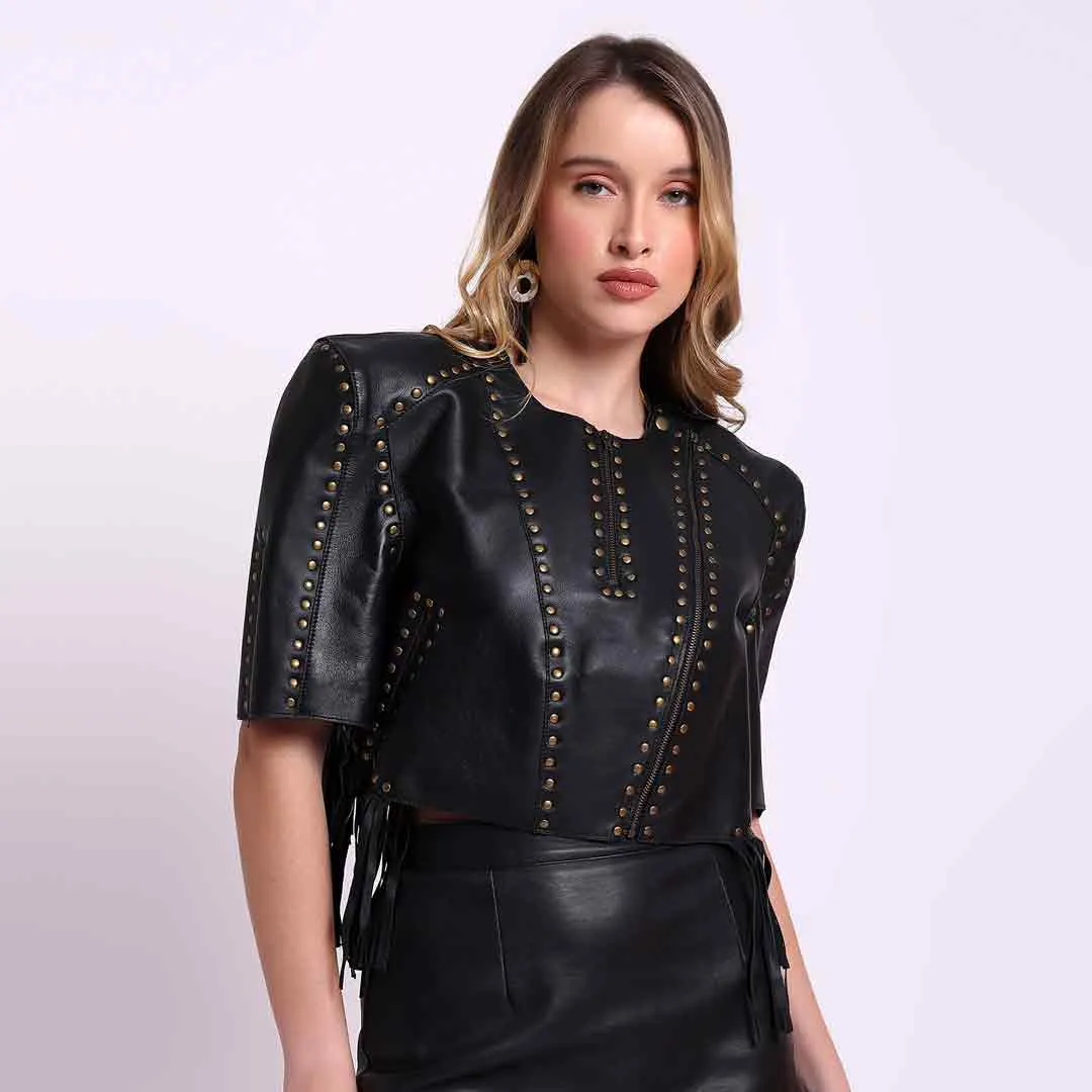 Saint Metal Studded Fringed Leather Short Jacket