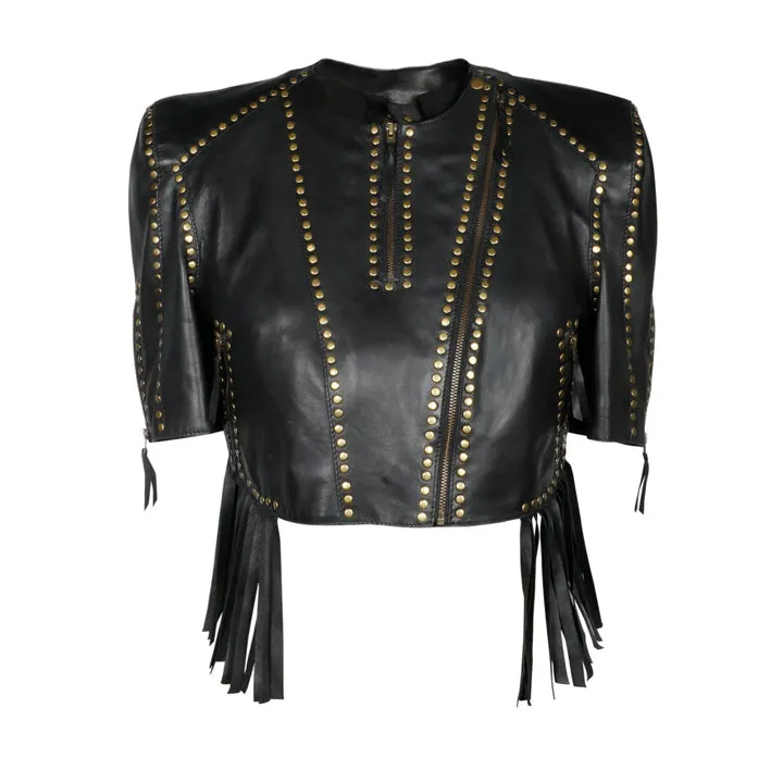 Saint Metal Studded Fringed Leather Short Jacket