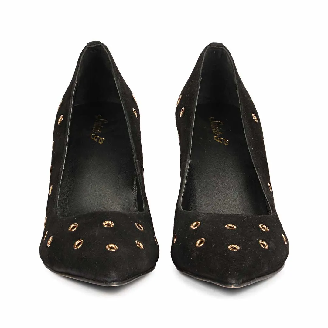 Saint Remi Eyelet Embellished Black Suede Leather Pumps