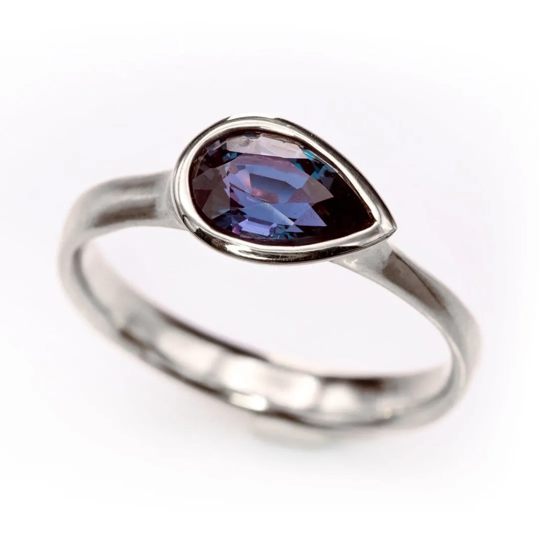 Sideways Pear Alexandrite Bezel Set Solitaire Engagement Ring