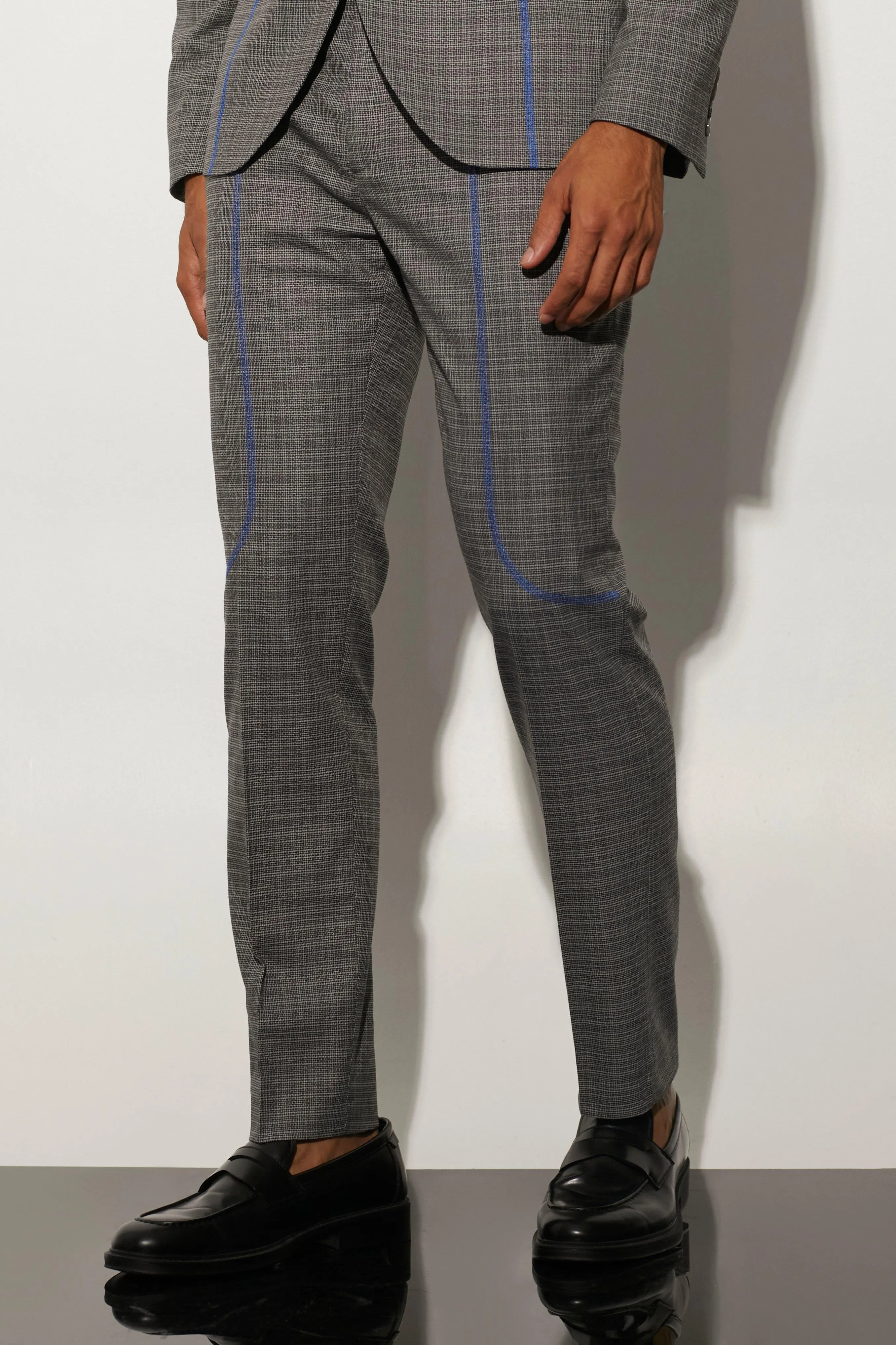 Slim Fit Check Contrast Stitch Suit Trousers