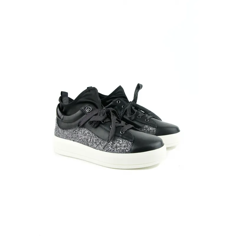 Black Leather Sneakers with Socks and Glitter