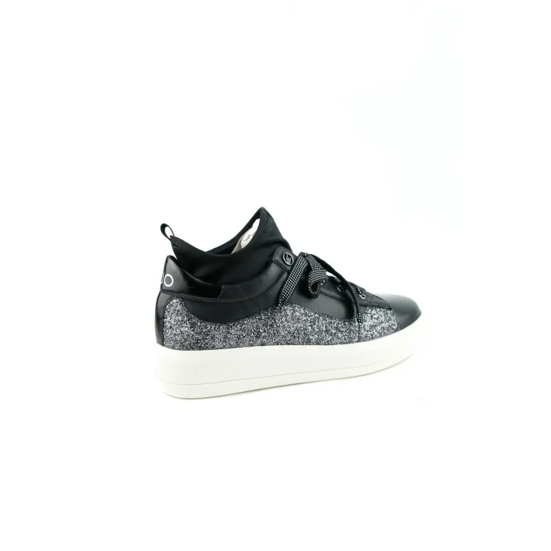 Black Leather Sneakers with Socks and Glitter