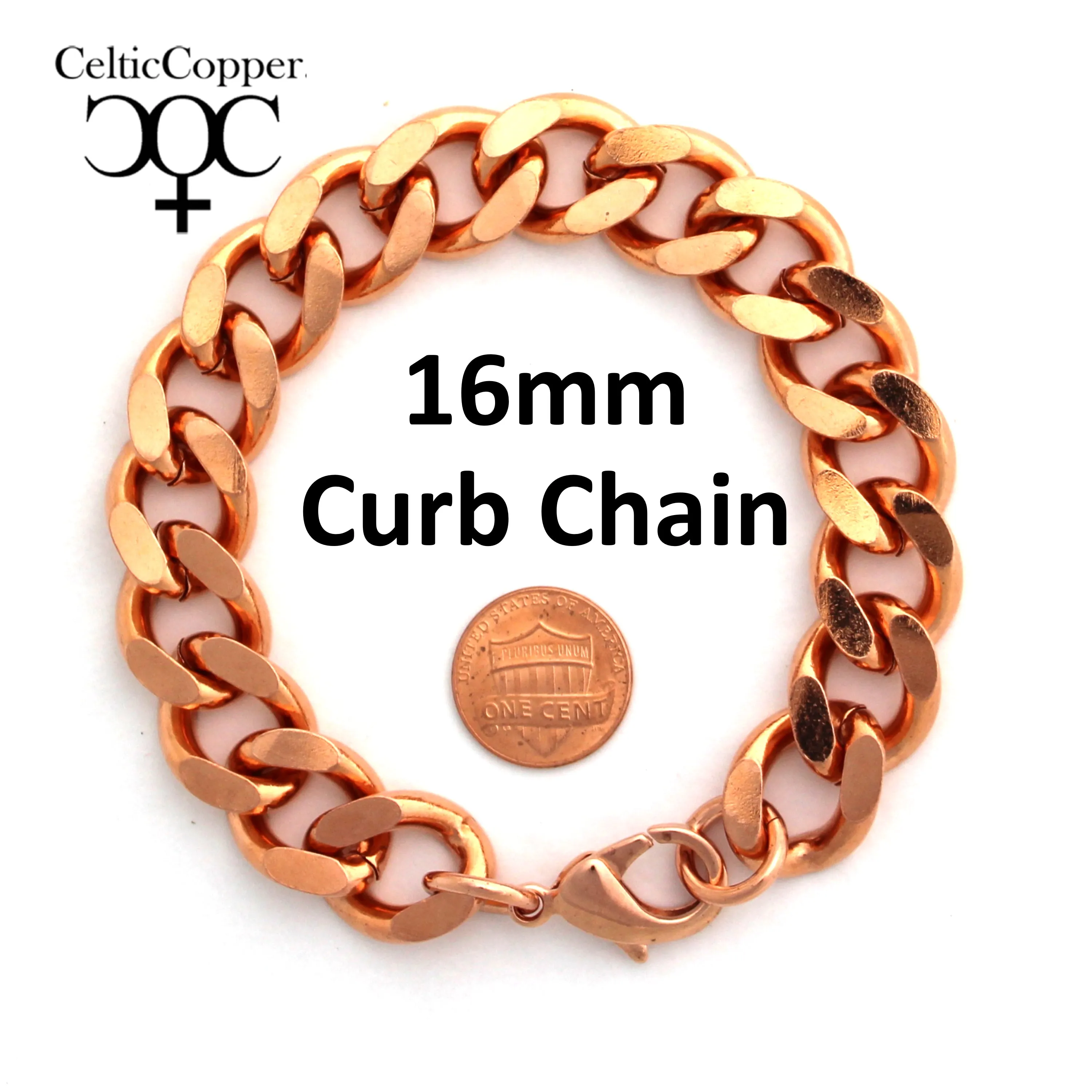 Solid Copper Super Chunky 16mm Curb Chain Bracelet B162R Men's Copper Cuban Curb Chain Bracelet 8.5 Inch