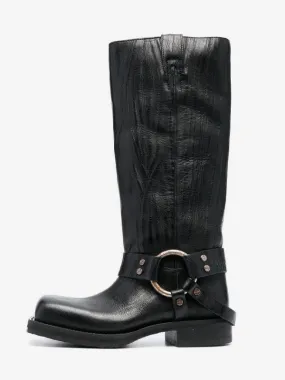 Square Toe Knee High Black Biker Boots