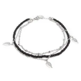 Stainless Steel Anklet Double Row Leaf Charm Beaded.