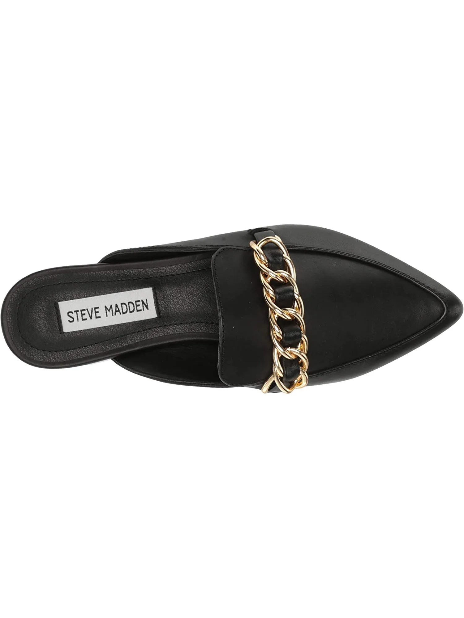 STEVE MADDEN Black Chain Accent Notched Padded Faine Pointed Toe Leather Mules Women's Slip On