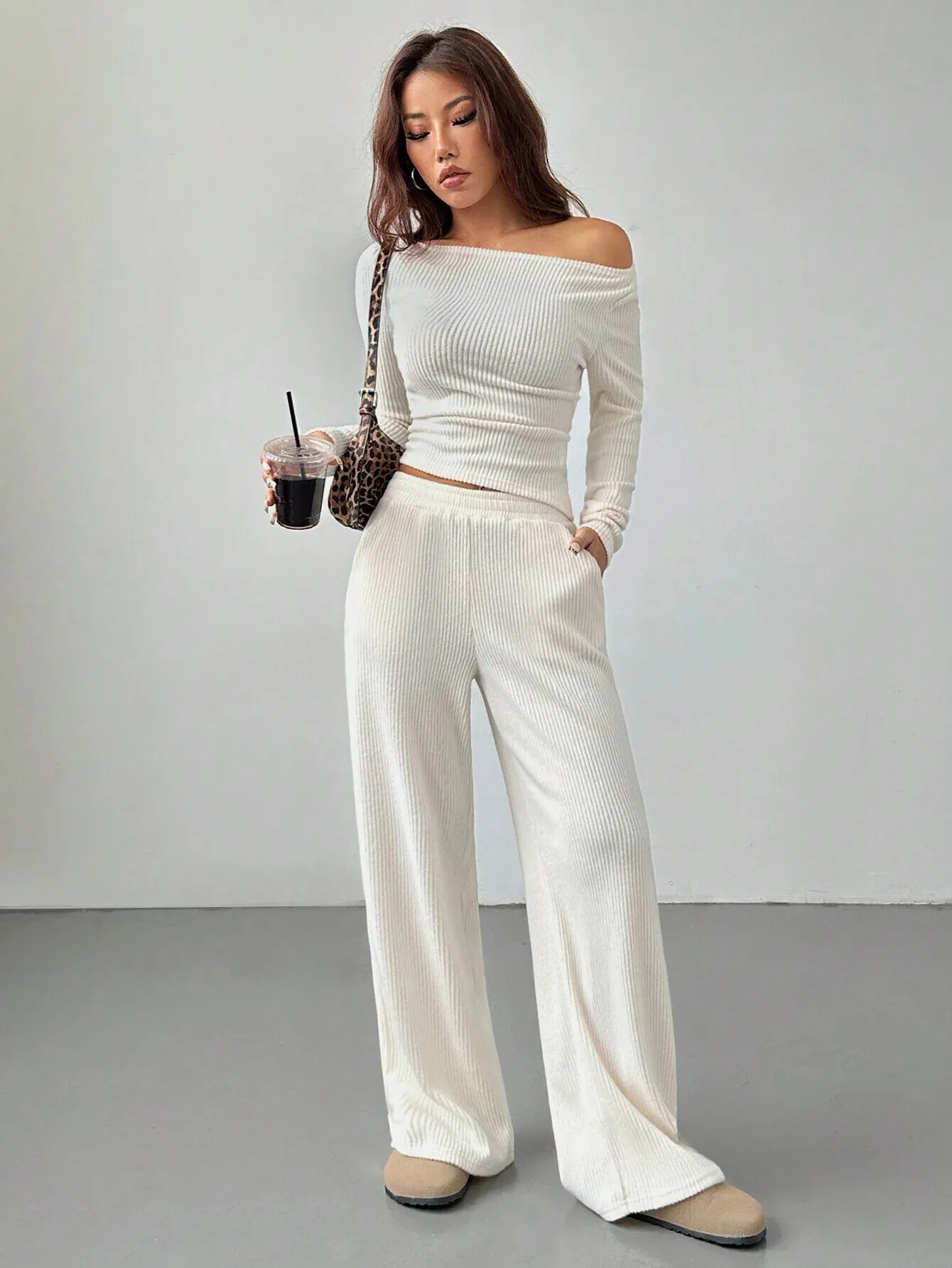 STRIPED KNITTED WOMEN'S TOP & TROUSERS SET