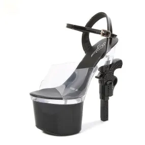 Summer Clear Perspex Pistol Heel Platform Sandals - Black Party Style