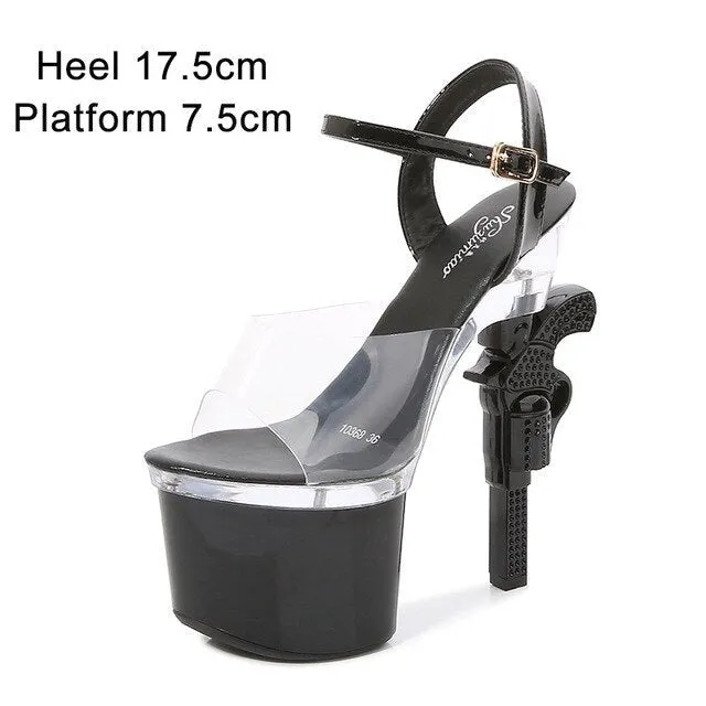 Summer Clear Perspex Pistol Heel Platform Sandals - Black Party Style