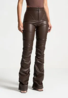 Tacked Leather Flared Trousers - Brown