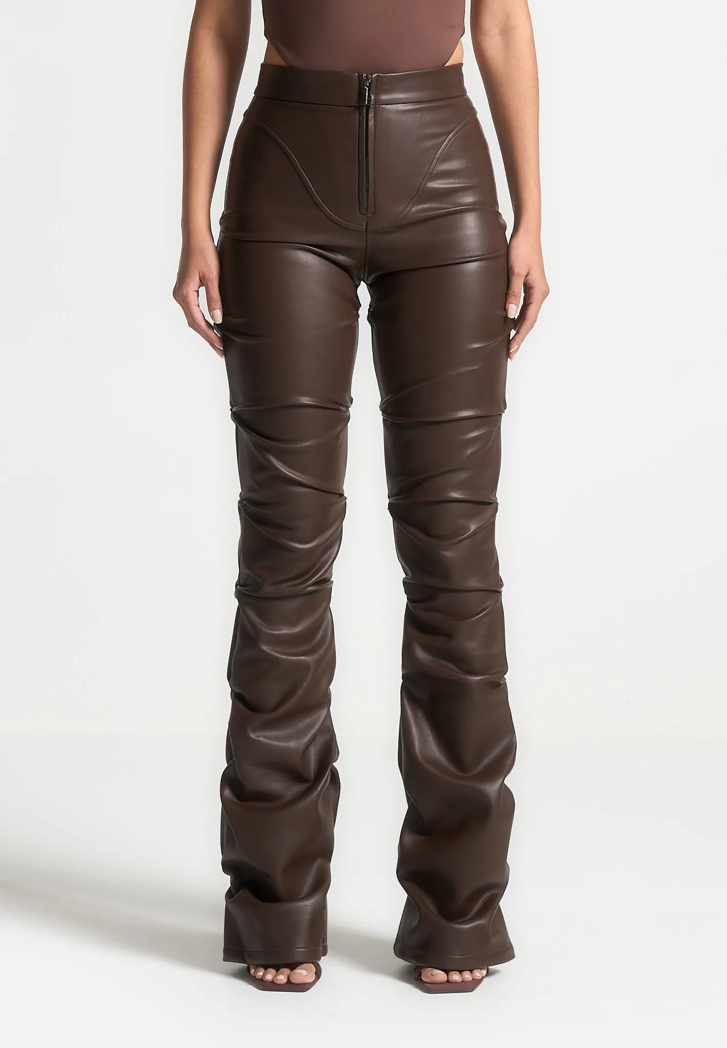 Tacked Leather Flared Trousers - Brown