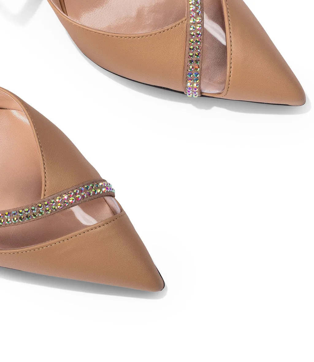 Tan nappa leather and plexi slingback pumps adorned with rhinestones